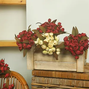Kunstblumen Teerosen Blumenstrauß in Holzbox für Zuhause Wohnzimmer Deko Kunstpflanzen