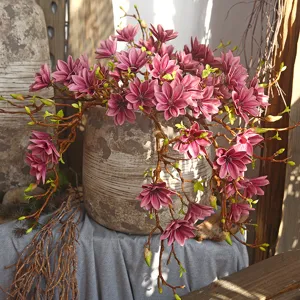 Artificial magnolia flower bouquet in ceramic pot, new Chinese style home decor fake floral.