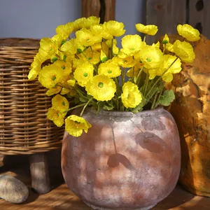 Artificial yellow poppy bouquet with vintage ceramic flower pot for home decor and weddings.