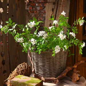 Artificial White Sophora Flower Arrangement in Woven Rattan Basket Home Decor Floral Prop