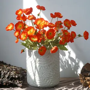 Artificial Poppy Flower Bouquet with Textured Ceramic Pot Faux Floral Home Wedding Decor