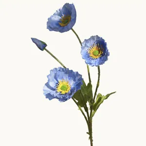 Artificial blue poppy flower bouquet with four heads, home and wedding decor.