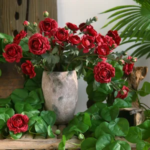 Artificial Ranunculus Silk Flowers Red Peony Bouquet Home Table Decor Centerpiece