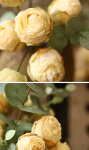 Vintage burnt edge artificial roses silk flowers eucalyptus leaves home decor floral arrangement