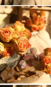 Retro burnt edge artificial rose flower arrangement for home decor, vintage silk flower bouquet.
