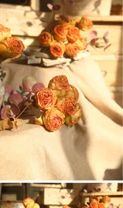 Vintage artificial burnt edge roses bouquet with eucalyptus leaves for elegant home decor.
