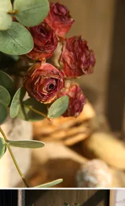 Vintage burnt edge artificial rose floral arrangement with eucalyptus leaves for home decor.