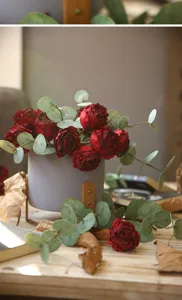 Vintage artificial burnt-edge roses with eucalyptus in grey pot, elegant home decor floral set