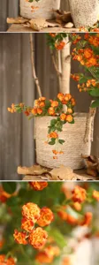 Primo piano dettagli di rose arancioni artificiali e cestino intrecciato per decorazione autunnale.