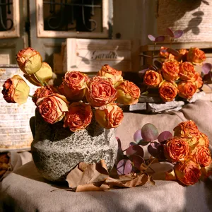 Vintage Retro Burnt Edge Artificial Rose Silk Flower Bouquet Home Living Room Table Decor Floral Arrangement