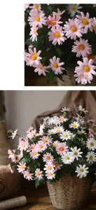 Primo piano dettagliato di margherite artificiali rosa e bianche in un cesto rustico.