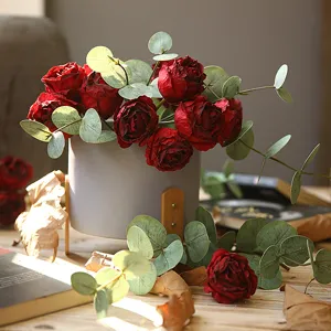 Retro artificial rose flower arrangement with eucalyptus leaves in pot for living room decor