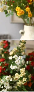 Primo piano dettagliato di rose artificiali, composizione floreale in seta per casa.