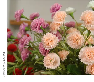 Detailed closeup view of artificial carnation flower bouquet for home table decoration.