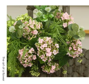 Artificial hydrangea flower bouquet pink snowball floral arrangement home table decor detail