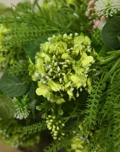 Detailed close-up view of artificial green snowball hydrangea flower arrangement with realistic foliage.