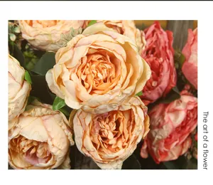 Close-up detail of artificial peony flowers, vintage gradient edge design, rich layers.