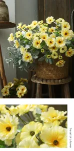 Artificial ranunculus flower detail shot, fresh yellow floral arrangement home decor.