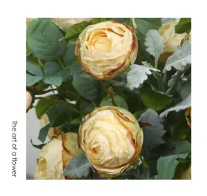 Exquisite artificial rose flower detail shot, champagne burnt-edge floral decor for home.