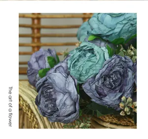 Artificial peony flower bouquet detail, vintage blue purple fake flowers for home decoration.