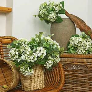 Artificial snowball flowers for home decor, seven-head white hydrangea bouquet for table.