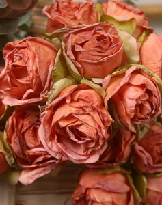 Vintage artificial burnt-edge rose bouquet, retro terracotta silk floral arrangement for home decor