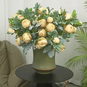 European artificial rose flower arrangement with green vase for home living room decor.