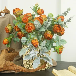 European style artificial retro burnt-edge rose bouquet with eucalyptus leaves in woven vase for home decor