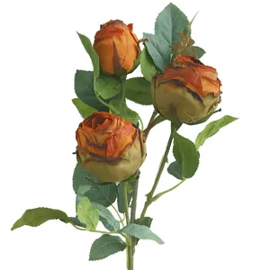 European single branch artificial rose flower home decor high end three head burnt edge.