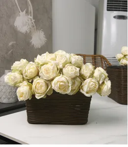 Artificial rose bouquet faux flower arrangement in woven basket for home table decor ornament