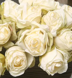 Artificial rose bouquet detail view, vintage cream scorched edge faux flowers for home decor.