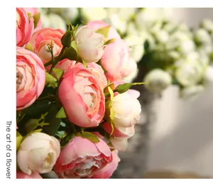 Artificial pink camellia flower bouquet detail close-up, premium silk floral home decor.