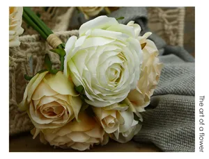 Close up detail of vintage artificial rose bouquet, elegant home decor flower arrangement.