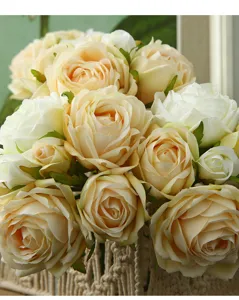 Vintage artificial rose bouquet for home decor, elegant champagne and white faux flowers.