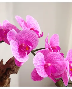 Close-up detail of artificial phalaenopsis orchid with vivid pink patterned petals.