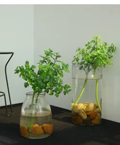 Λεπτομερής λήψη τεχνητών μίνι φύλλων monstera σε γυάλινα βάζα με νερό και πέτρες.