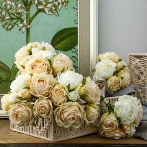Nordic Retro Romantic Artificial Rose Flower Bouquet Silk Fabric Fake Flowers For Home Living Room Bedroom Wedding Decoration