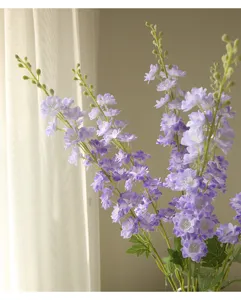Artificial delphinium spring flower branch, realistic purple floral decor for home living room.