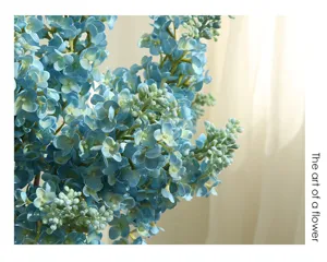 Detailed shot of blue artificial lilac flower bouquet, pastoral style home indoor decor.