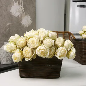 Artificial rose bouquet in brown woven basket, premium faux flower centerpiece for home decor.
