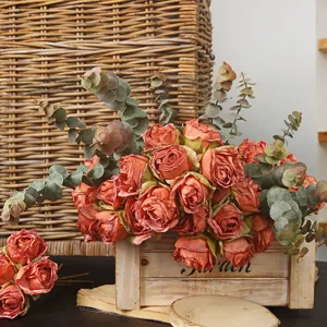 Artificial Rose Flowers Bouquet Vintage Rustic Fake Silk Floral Arrangement for Home Table Decor