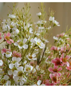 Close-up detail of artificial wax flower stems with pink and white petals for decor.