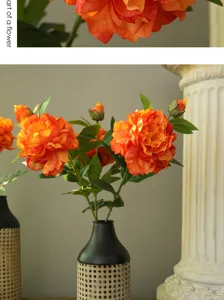 Ramo de flores artificiales de peonía de seda naranja para decoración de mesa y hogar