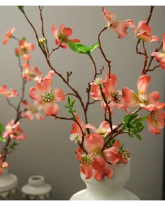 Artificial dogwood flower branch home decor fake plant ornament in white ceramic vase