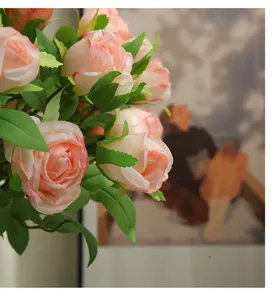 Artificial pink rose silk bouquet for home decor props realistic fake floral arrangement