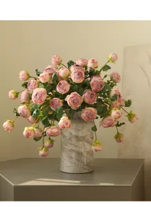 Bouquet di rose da tè rosa artificiali in vaso di marmo fiori finti per decorazione