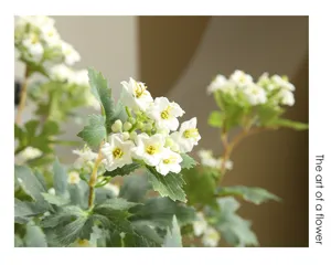 Detailed shot of artificial white snowball flower with green leaves for home decoration photography.