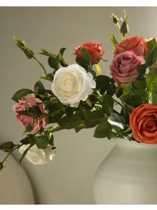 Artificial rose flower arrangement bouquet with white vase for home decor living room