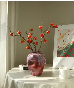 Künstlicher Kakis Zweig Blumenarrangement mit Keramikvase für Wohnzimmer Tischdeko Zuhause