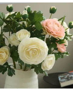 Artificial ranunculus flower bouquet faux floral arrangement for home living room decor.